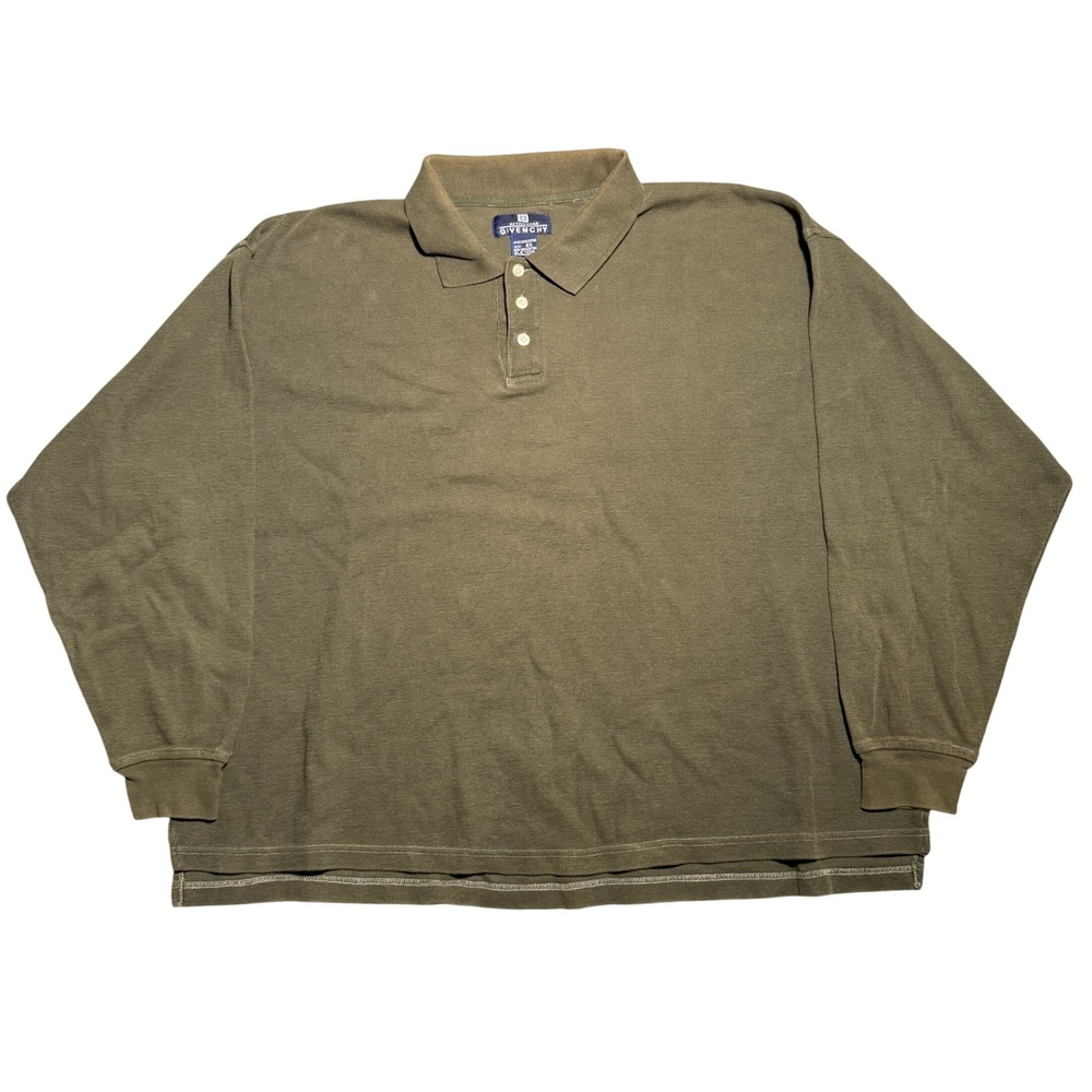 Vintage Givenchy Activewear 2X Long Sleeve Polo Shirt Olive Green Cotton Relaxed